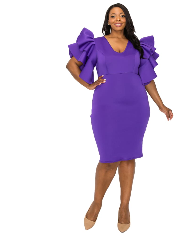 Front of a model wearing a size 2X Aaliyah Statement Dress in Purple by L I V D. | dia_product_style_image_id:288290